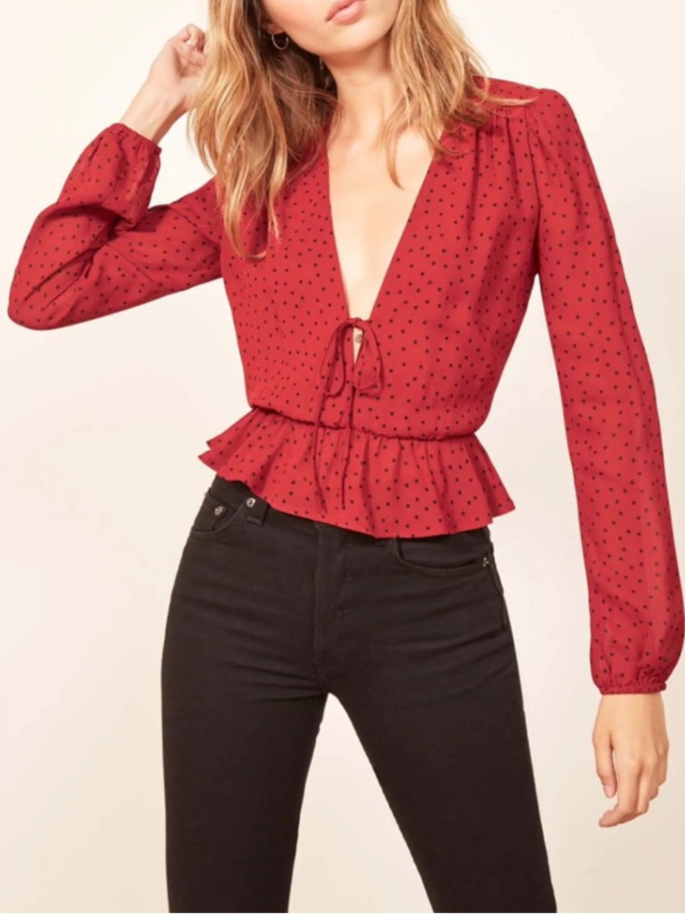 Reformation Nikki Tie Front Red Black Polka Dot Peplum Blouse Dark Romantic